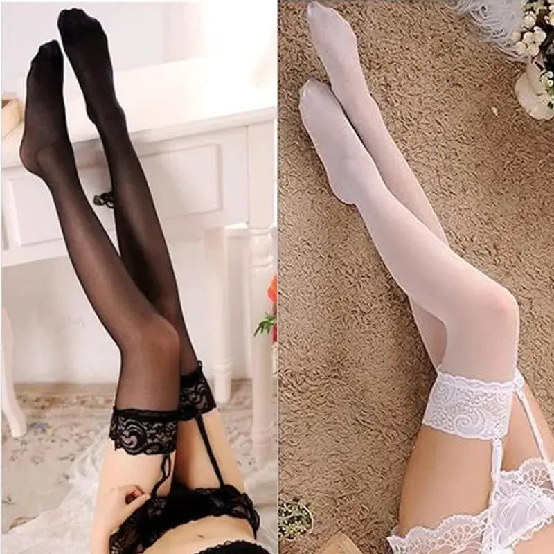 LaceLuxe Women Lace Garter Belt And Stockings Set With Jacquard Suspenders And Satin Bow Mesh Hosiery