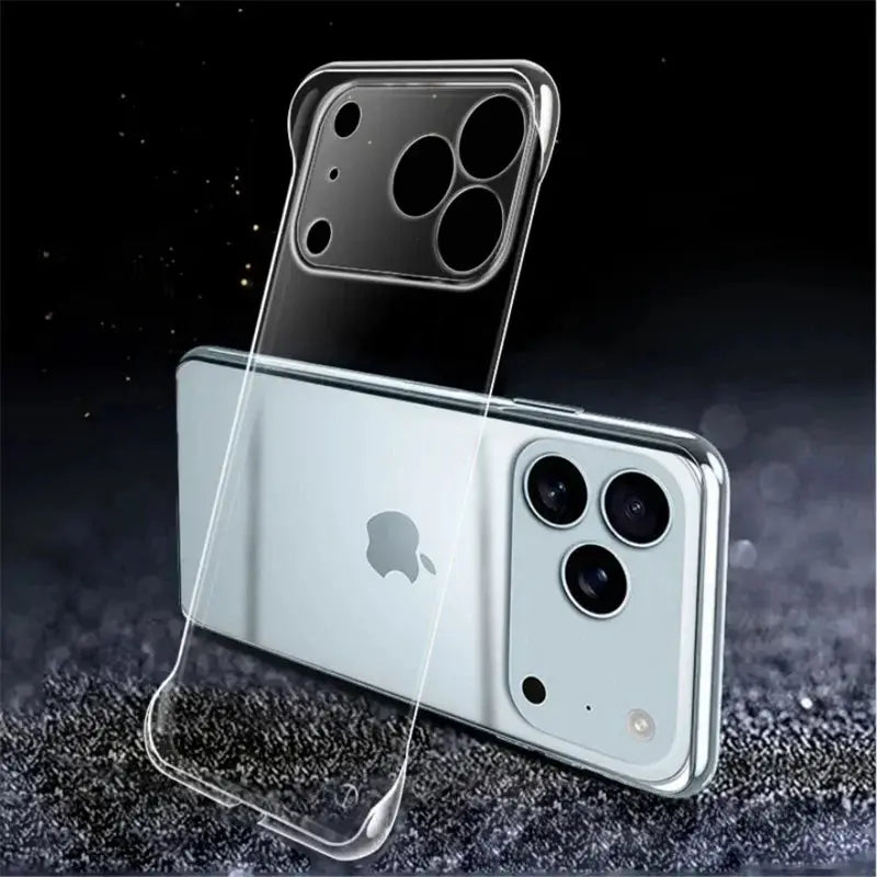 Two clear frameless PC iPhone cases by Simples Market; transparent, slim protective covers for iPhone models.