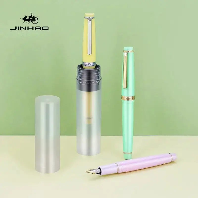 Jinhao 82 fountain pen set, pastel yellow, mint green and pink pens with gold trim, 3 pieces.