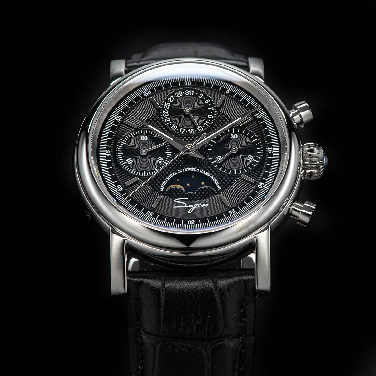 Sugess men's chronograph wristwatch with moonphase, black dial, silver case, leather strap