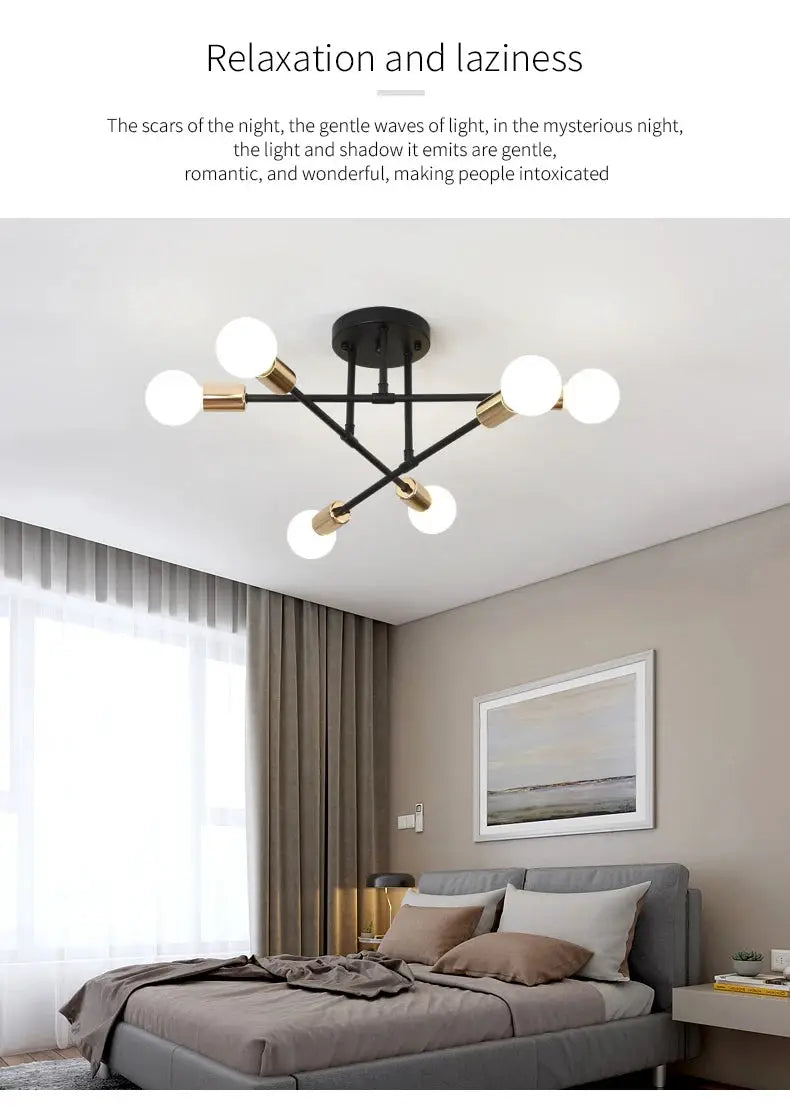 Simples Market 6-head retro industrial LED ceiling lamp in black wrought iron with brass accents