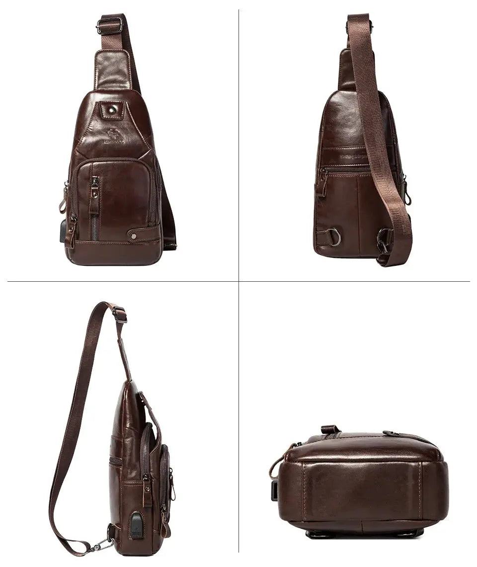 HUMERPAUL Men's USB chest bag, genuine brown leather crossbody with multiple pockets