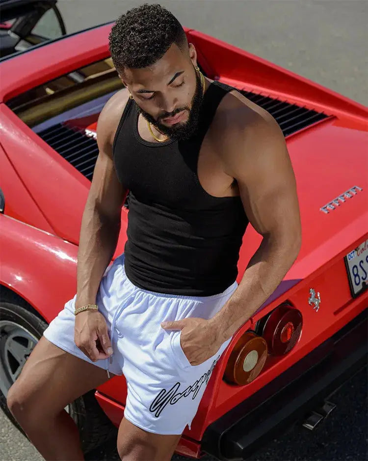 Trend men's mesh beach swim shorts, white quick-dry loose jogger style