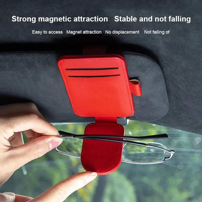 Red leather car sun visor sunglasses holder with magnetic clip and card slots