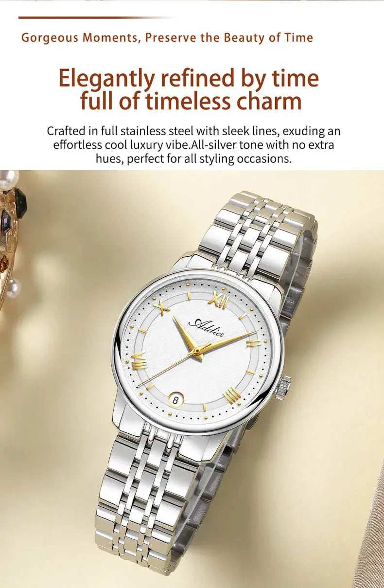 Addies luxury women's wristwatch GM12; silver stainless steel bracelet, white dial with gold Roman numerals and date window
