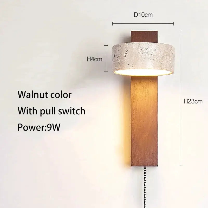 Bedside wall lamp in walnut wood with pull switch and stone-style shade; 9W LED