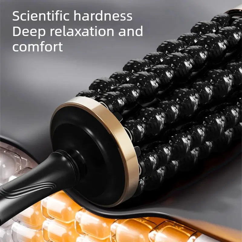 Rechargeable handheld percussion massager with 72 massage points, black handle and gold ring