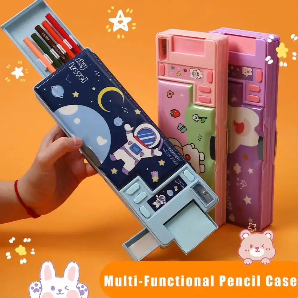 Simples Market plastic pencil case set of three with built-in calculator and pencil sharpener; double-sided design.