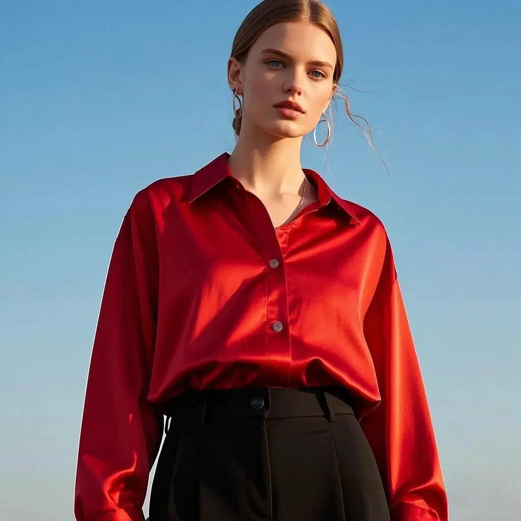 Red satin blouse for women with long sleeves, tucked into black high-waisted pants