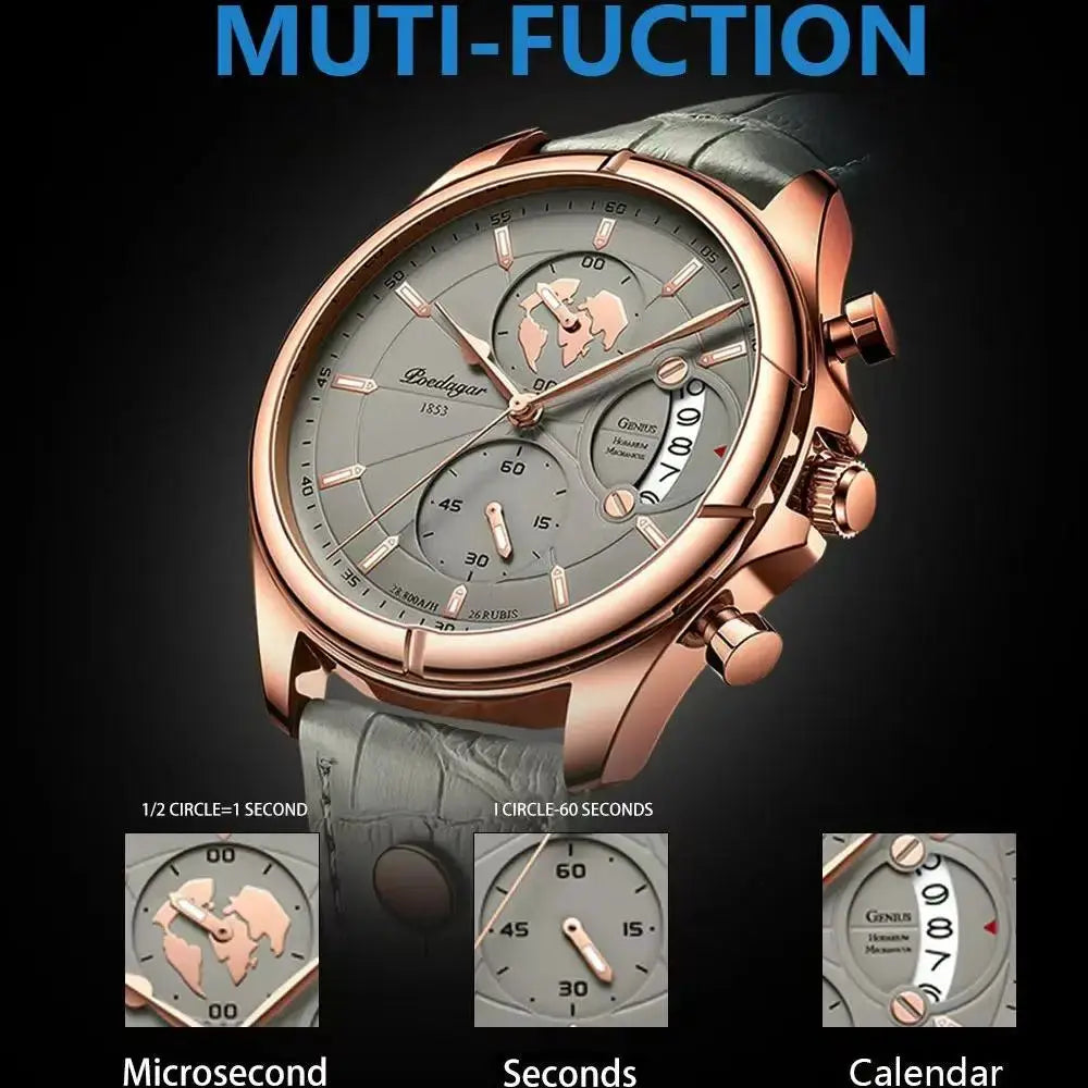 POEDAGAR men's chronograph watch by Simples Market; rose-gold case with grey leather strap