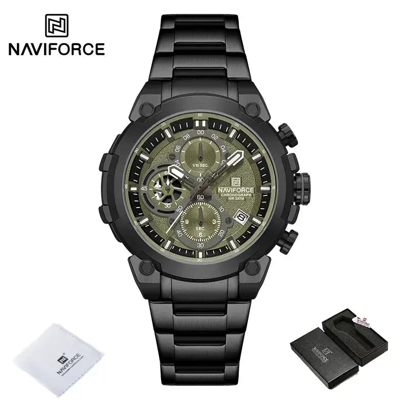 3-item NAVIFORCE watch set: men's chronograph with black steel band and olive dial, 3ATM water resistant