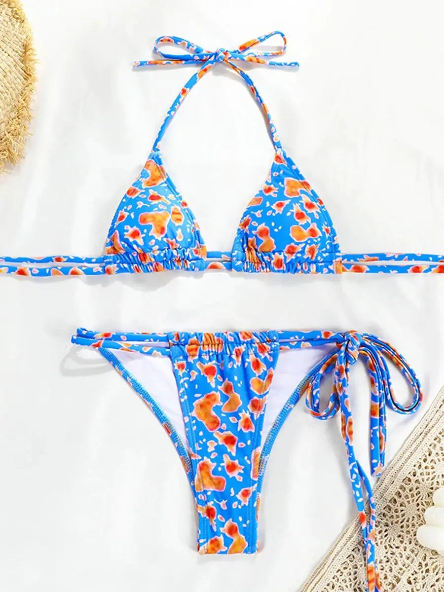 Bikini set from Simples Market, blue floral with triangle top and tie-side bottoms.