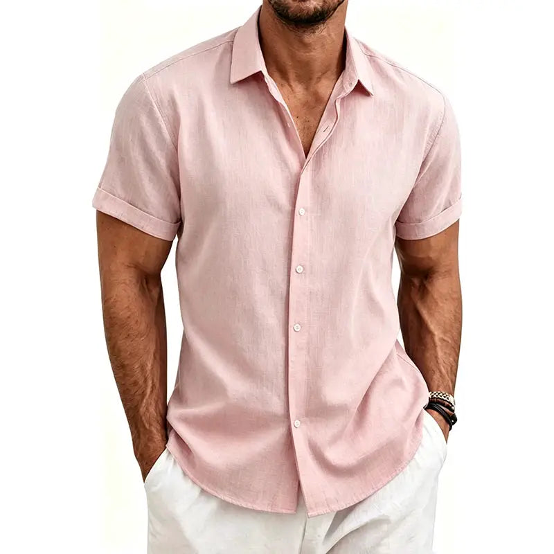 Men's pink cotton-linen shirt, lightweight short-sleeve button-down for casual beachwear