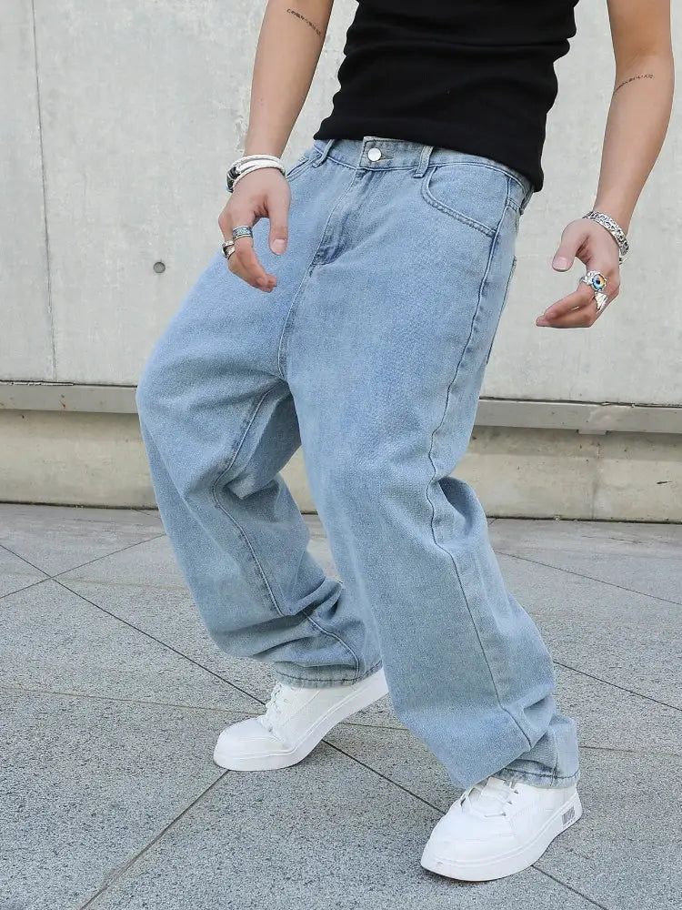 Men's baggy light blue denim jeans by Simples Market, oversized straight wide-leg casual streetwear