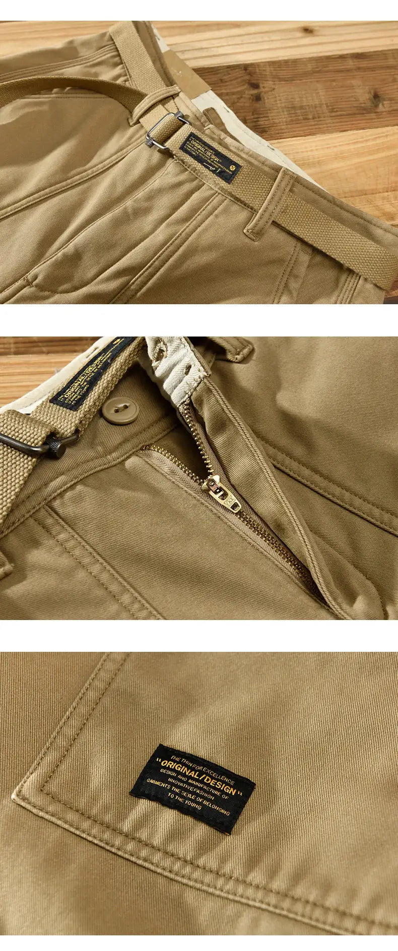Tan men's cargo pants with belt and zip fly, multiple pockets and a label patch.