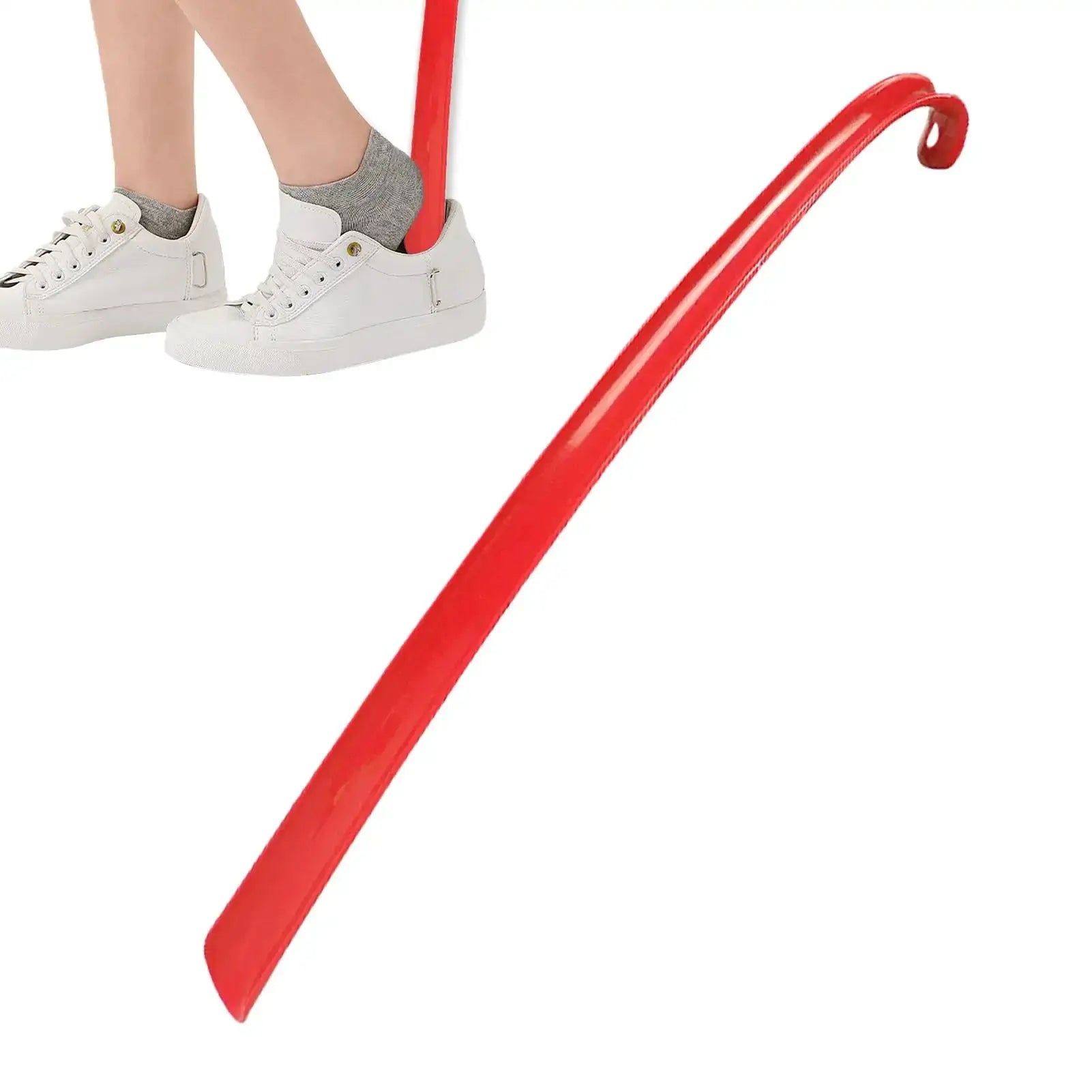Plastic extra-long shoehorn, red; helps slip foot into sneakers for home use.