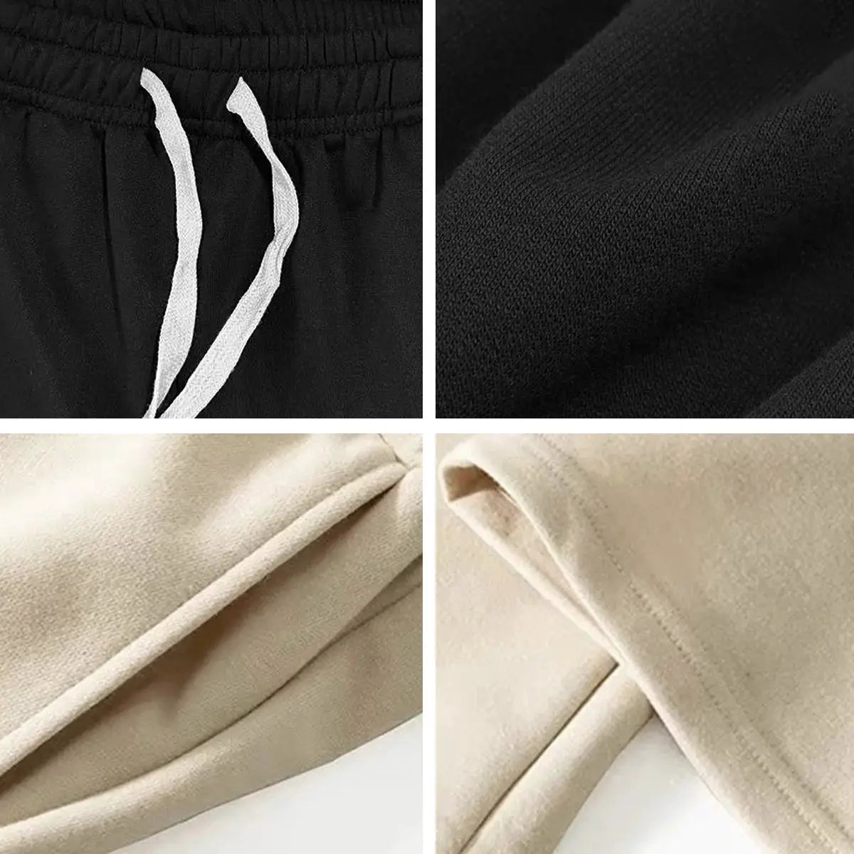 Men's solid-color straight-leg jogging pants in black and beige with drawstring waist, two colorways