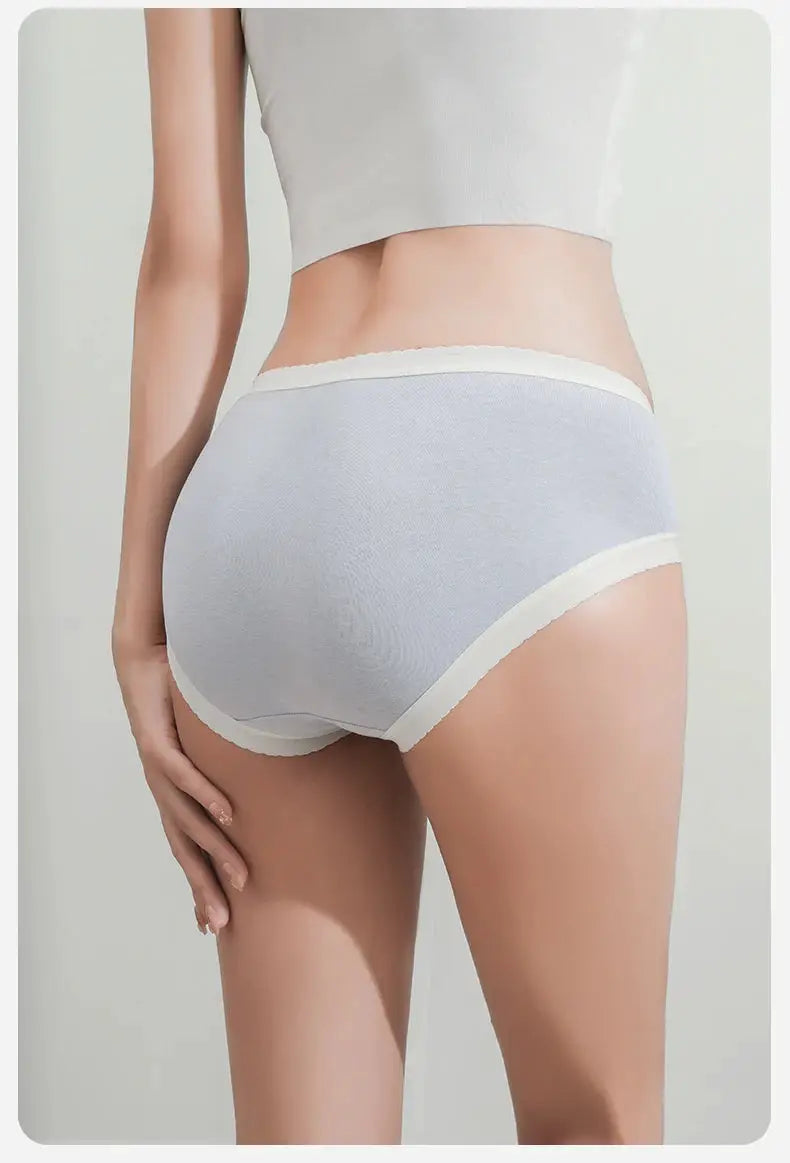 Simples Market 7-pack women's cotton panties in light blue with white lace trim, low-rise briefs