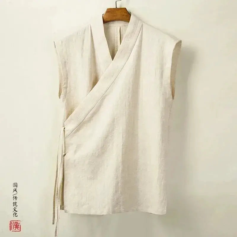 Men's Hanfu vest in linen-cotton, sleeveless wrap top with tie belt, cream color by Simples Market