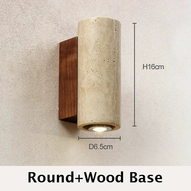 Wabi Sabi yellow marble wall lamp with round wood base, LED bedside sconce by Simples Market