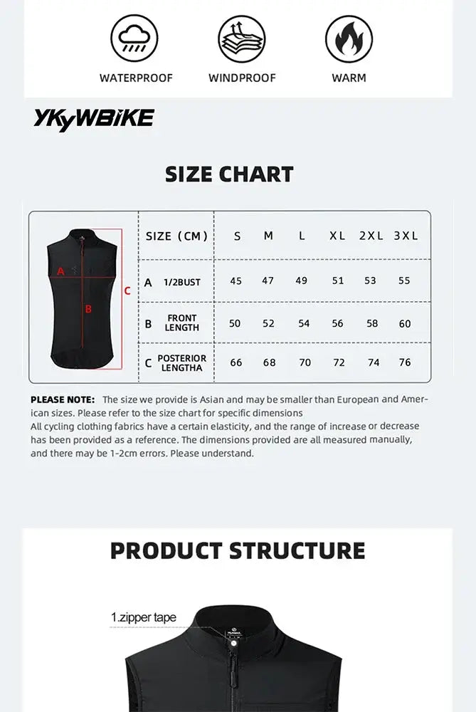 YKYWBIKE men's cycling thermal fleece windproof waterproof sleeveless vest with zipper.