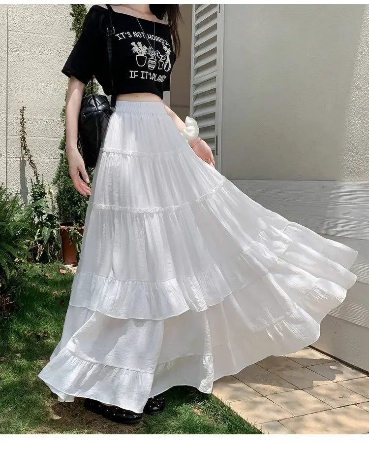 Simples Market white tiered ruffle-hem maxi skirt with high waist and flowy chiffon layers