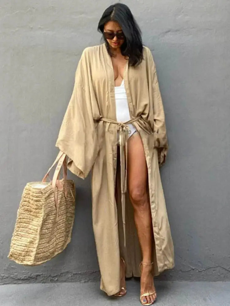 Coastline Solid Beach Cover Up Women Self Belted Wrap Kimono Dress Flattering Wrap Design For Breezy Summer Beachwear