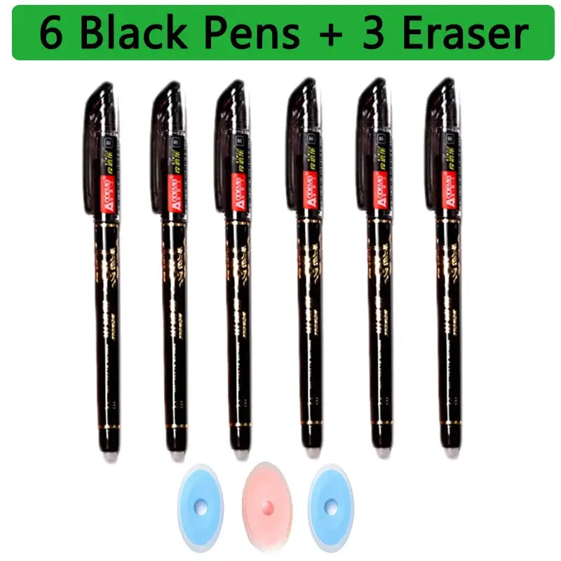 Six black gel pens with gold accents and three erasers (two blue, one pink)