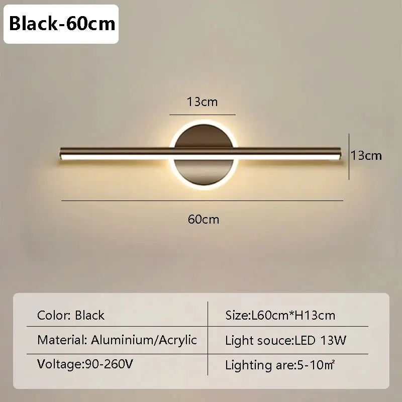 Modern LED wall lamp by Simples Market, black aluminium/acrylic, 60cm long with circular backplate and halo light