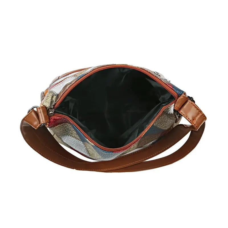 Simples Market women's crossbody shoulder bag with colorful geometric patchwork, brown leather strap and zipper closure