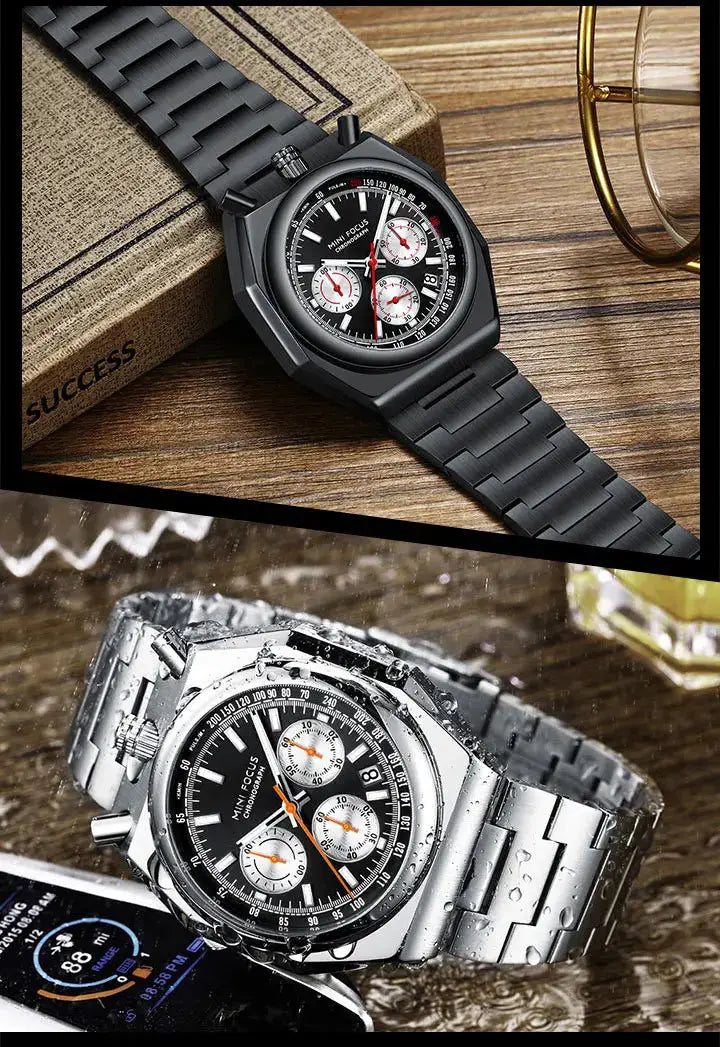 MINI FOCUS chronograph quartz watches for men; two with stainless steel straps, black and silver dials with subdials