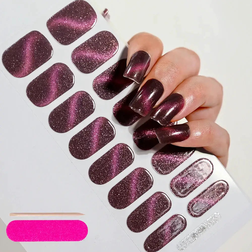 Simples Market gel nail wrap sheet with 14 dark pink glitter full-cover wraps for UV-cured manicure