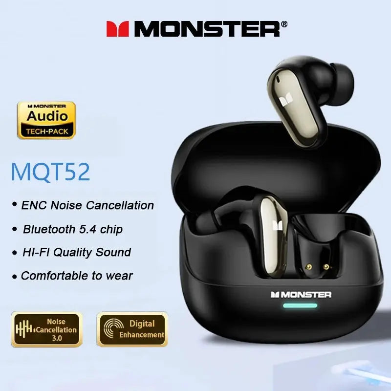 Monster MQT52 wireless gaming earbuds with charging case, two black buds, Bluetooth 5.4, ENC and hi-fi sound.