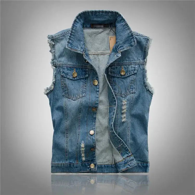 Men's light-blue ripped denim vest with front buttons and chest pockets, Simples Market
