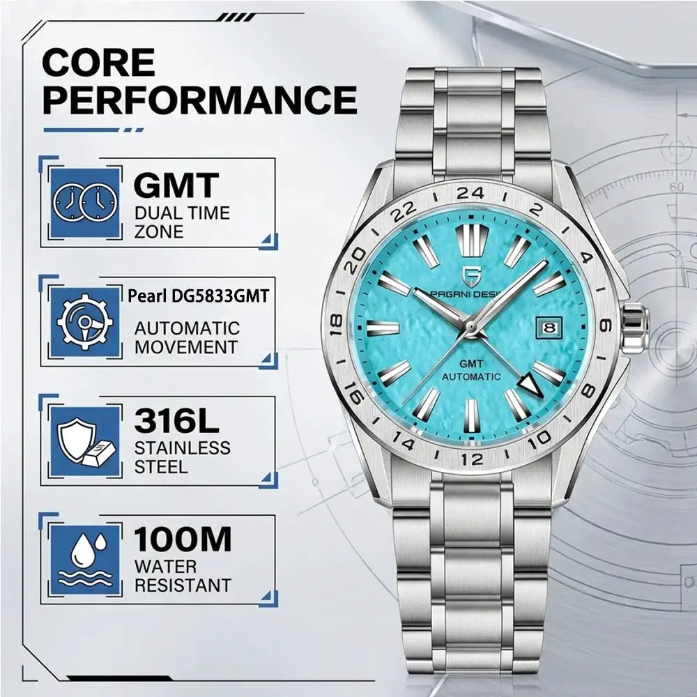 Pagani Design GMT stainless steel watch with turquoise dial and sapphire glass, 100m water resistant