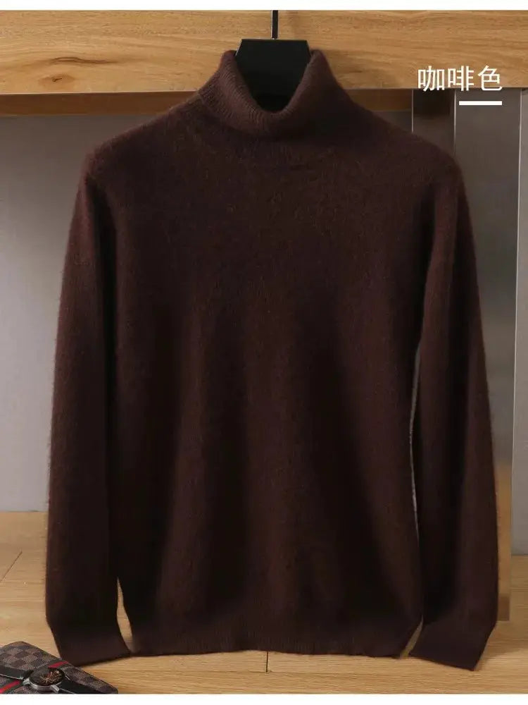 Men's brown mink velvet cashmere sweater, long sleeves, high-neck knit