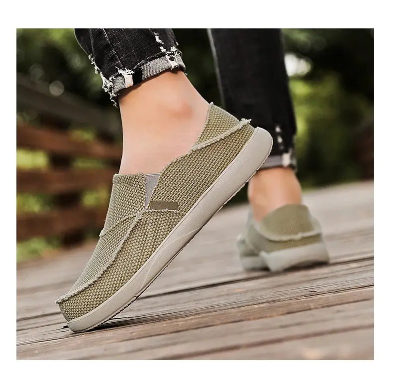 Simples Market men's khaki slip-on canvas loafers, lightweight casual shoes, two shoes shown
