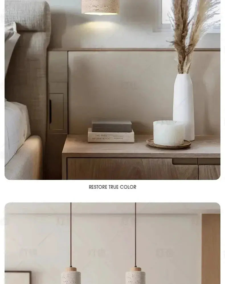 Led Pendant Lamps two cave-stone cream pendant lights by Simples Market over a wooden bedside table