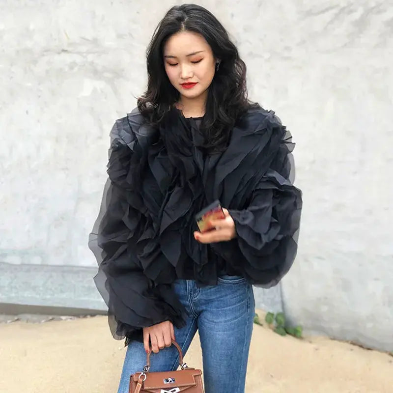 Twotwinstyle Elegant Patchwork Ruffles Chiffon Blouse O Neck Lantern