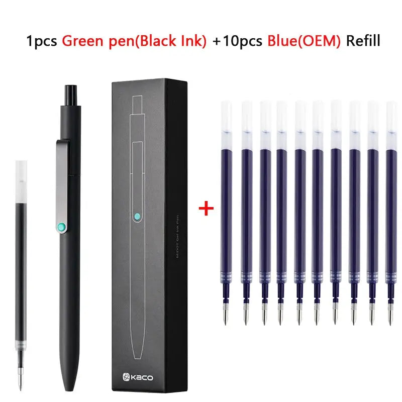 KACO 0.5mm MIDOT gel pens by Simples Market with 1 green pen (black ink) and 10 blue OEM refills