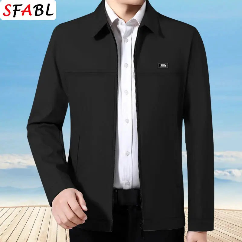 Men's black zip-front casual blazer jacket with SFABL logo