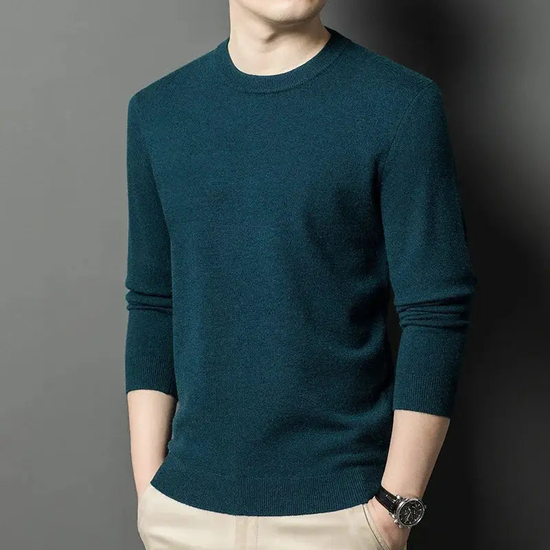 Men's teal diamond-pattern round-neck knitted sweater with long sleeves