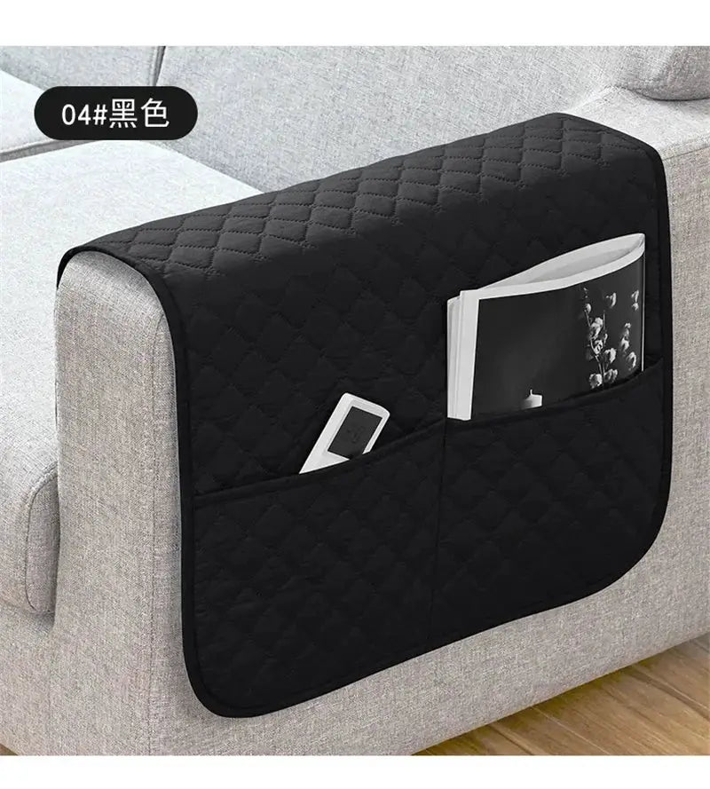 Sofa armrest cover with pockets, black quilted, holds remote and phone