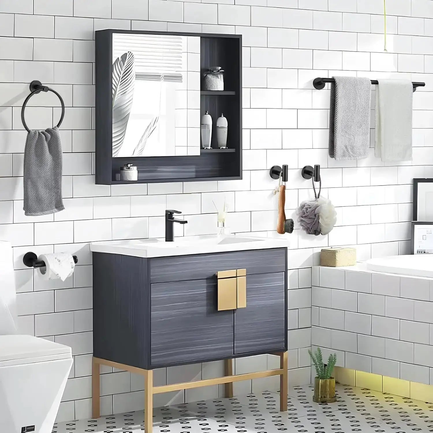 Simples Market stainless steel wall-mounted bathroom accessories set with towel bar, towel ring, and toilet paper holder.