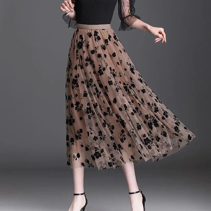 Korean Women tulle midi skirt beige mesh with black floral embroidery by Simples Market