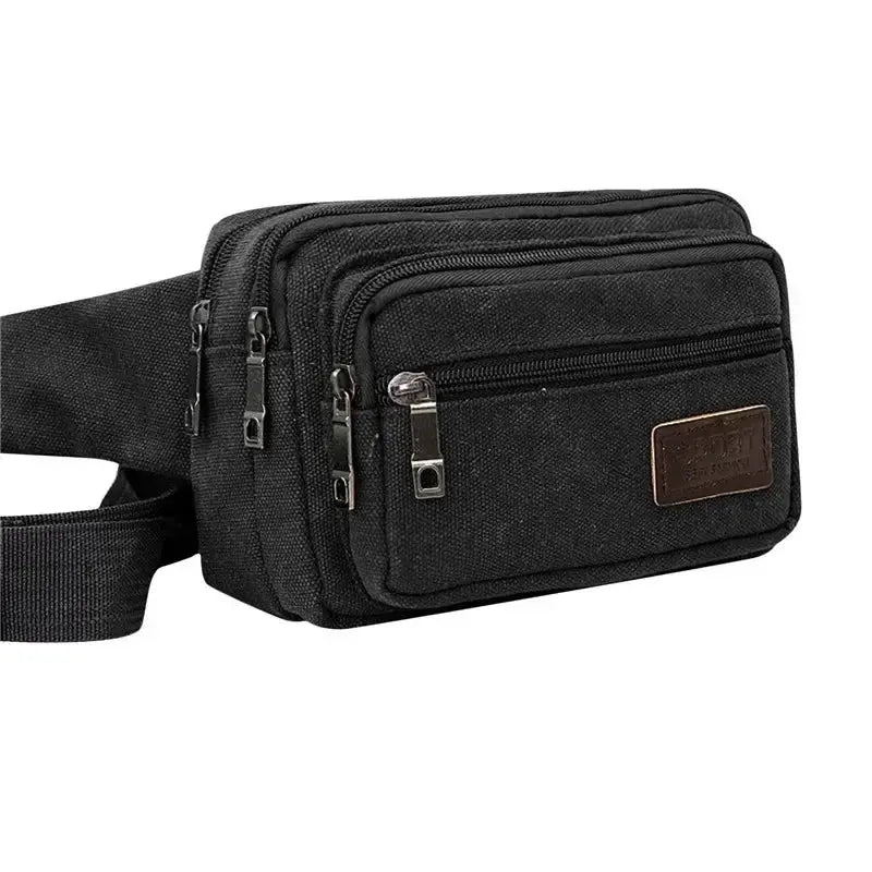 Simples Market canvas waist bag, black with three zippered compartments and adjustable strap.
