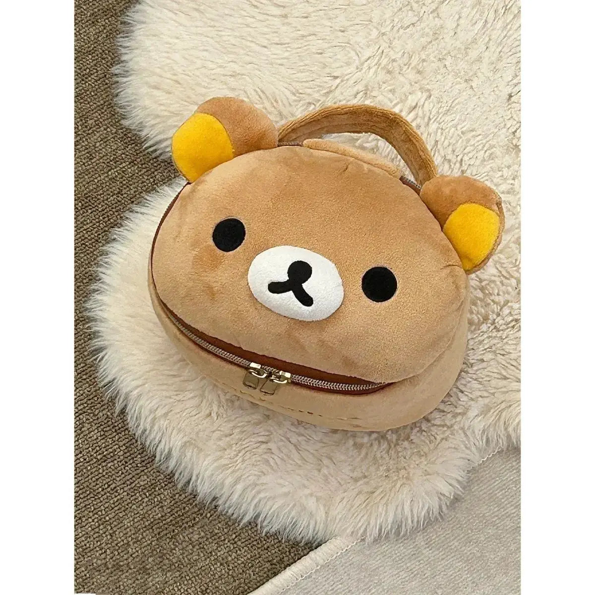 Cute Plush Bear Elliptical Makeup Bag For Travel Portable Cosmetic Case With Handy Handle