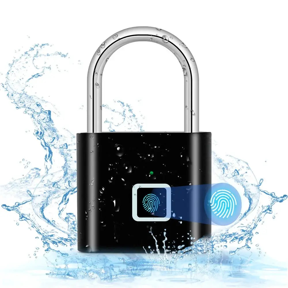 KERUI fingerprint padlock by Simples Market, black zinc body with silver shackle, USB charging, waterproof