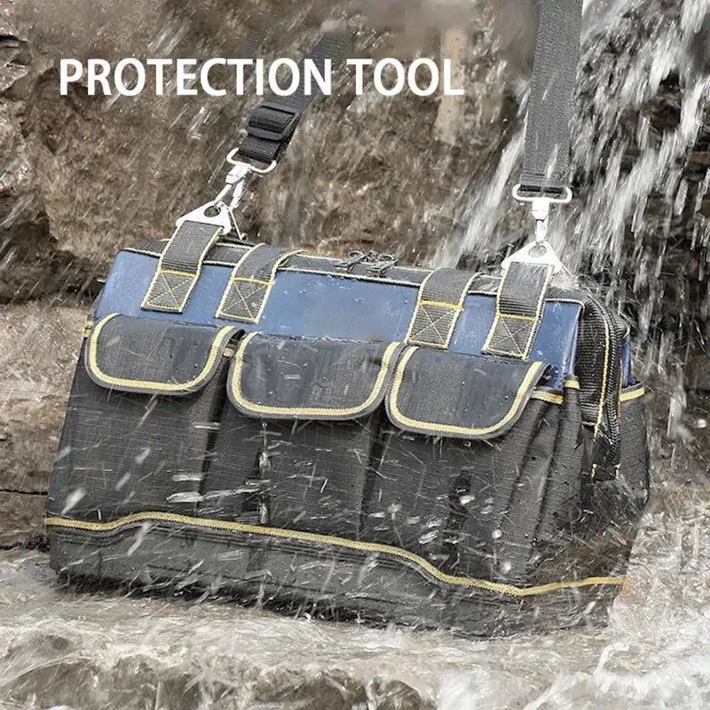 Tool bag with multiple pockets; waterproof, wear-resistant black fabric with yellow trim and blue top panel.