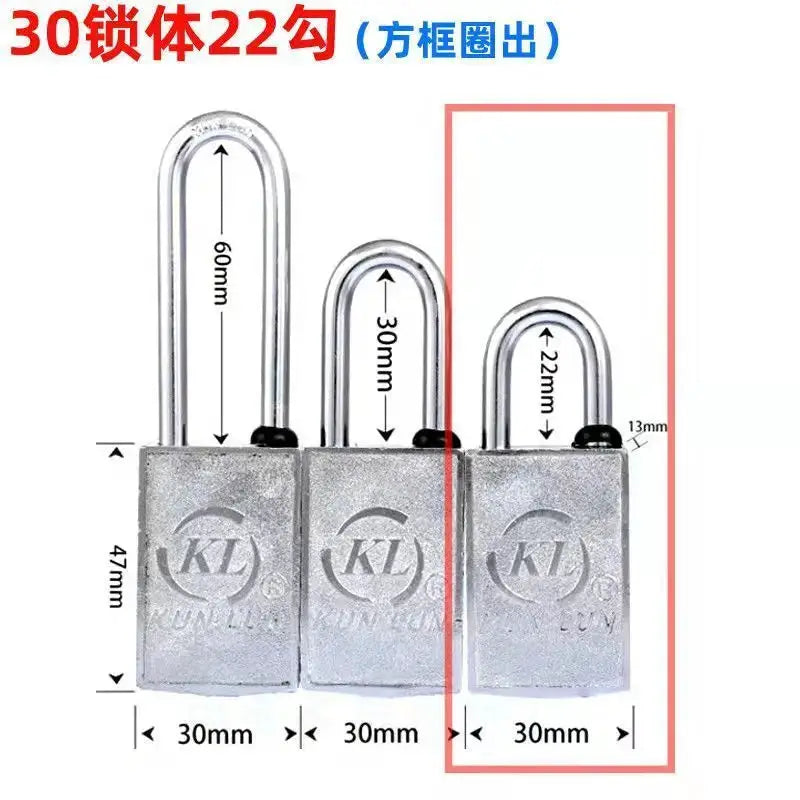 KL magnetic lock padlock set; three metal padlocks with varying shackle heights (60mm, 30mm, 22mm)